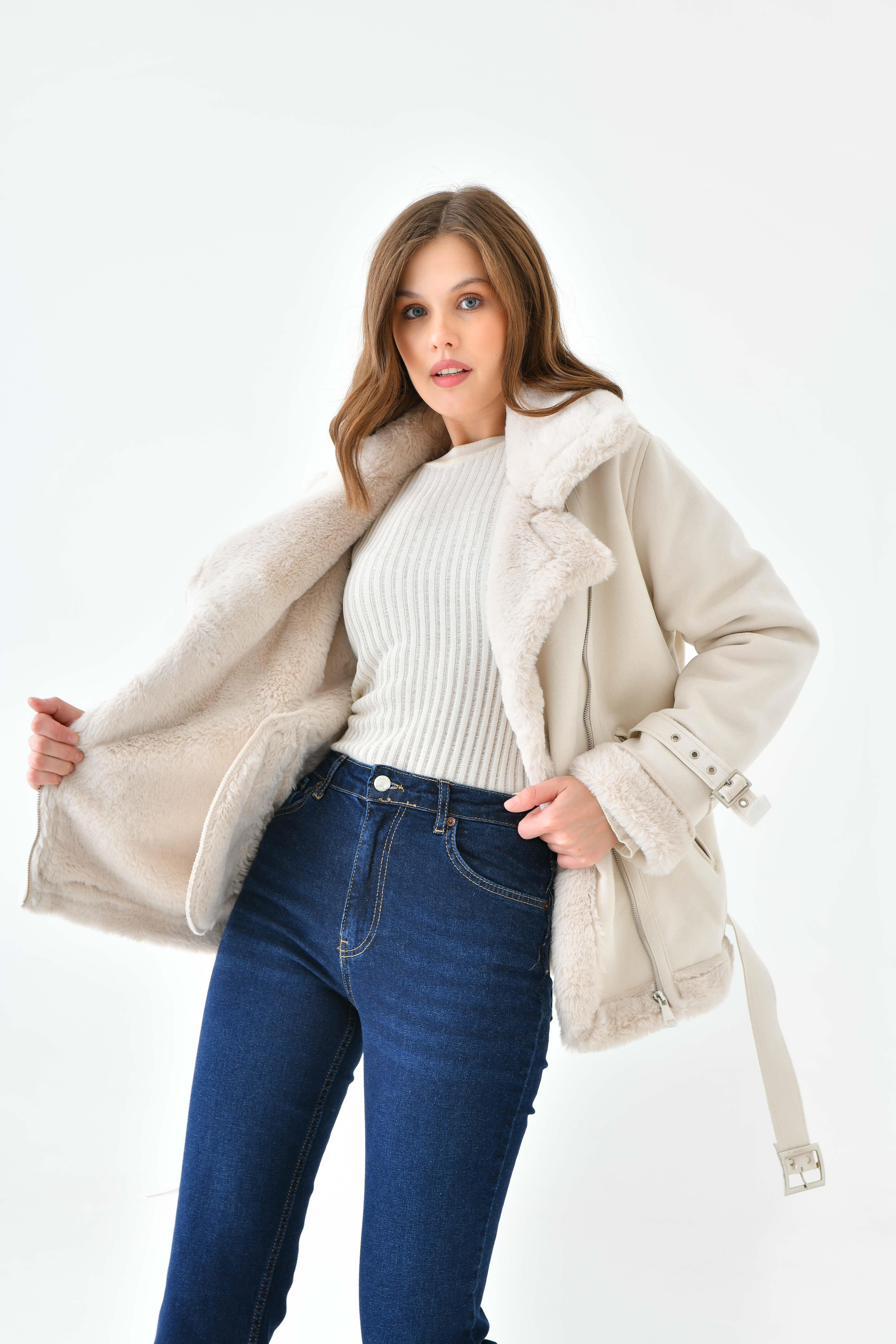KADIN KREM İÇİ PELUŞ SÜET BİKER MONTModa AkımıMont