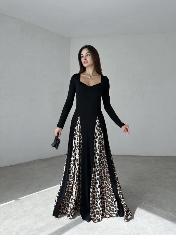 KADIN LEOPAR DESENLİ UZUN ELBİSE Moda AkımıUzun Elbise