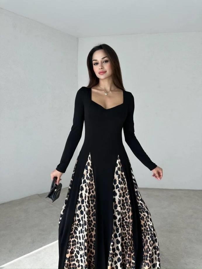 KADIN LEOPAR DESENLİ UZUN ELBİSE Moda AkımıUzun Elbise