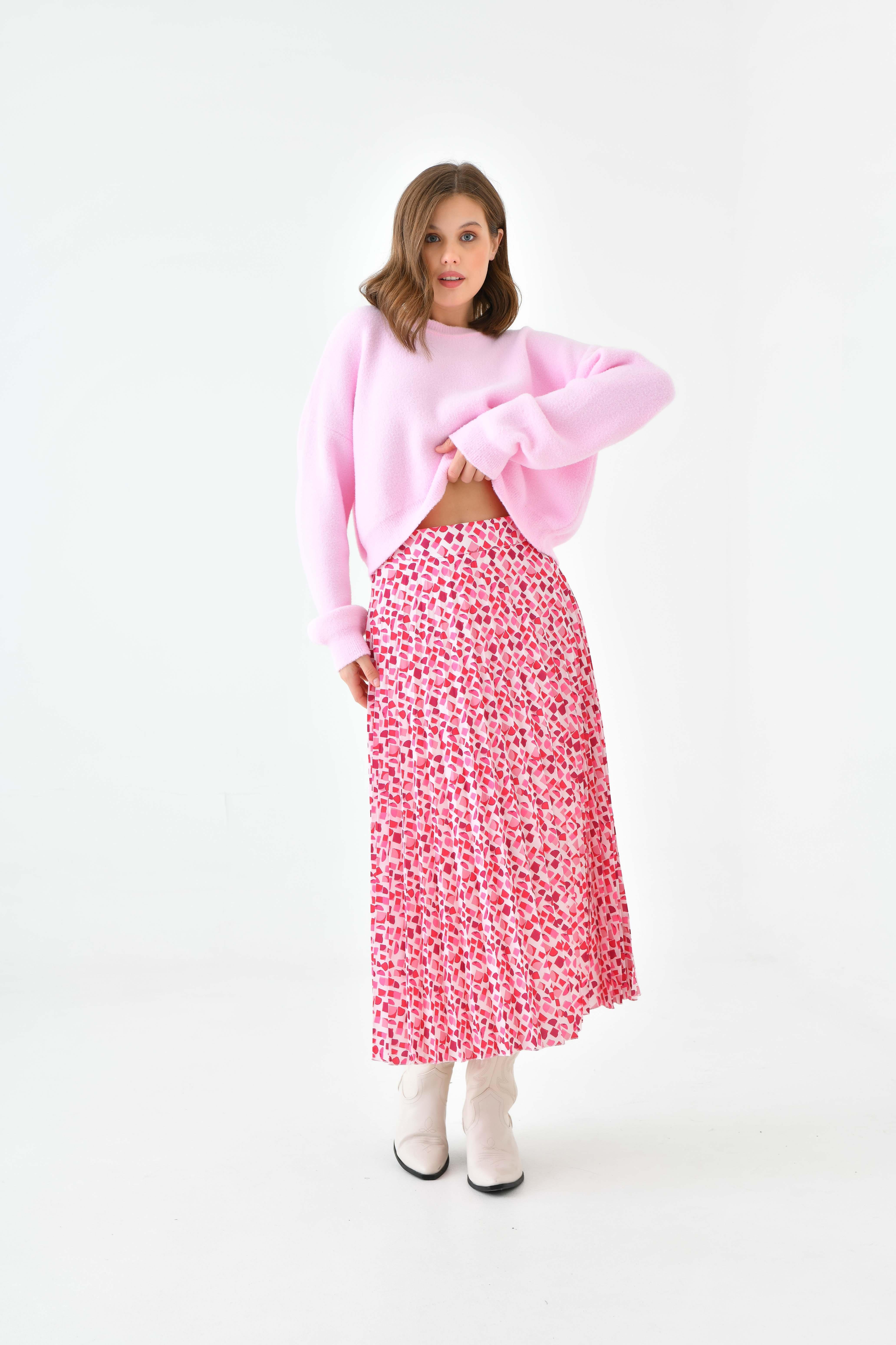 KADIN PEMBE DESENLİ PİLİSELİ YÜKSEK BEL ETEKModa AkımıEtek