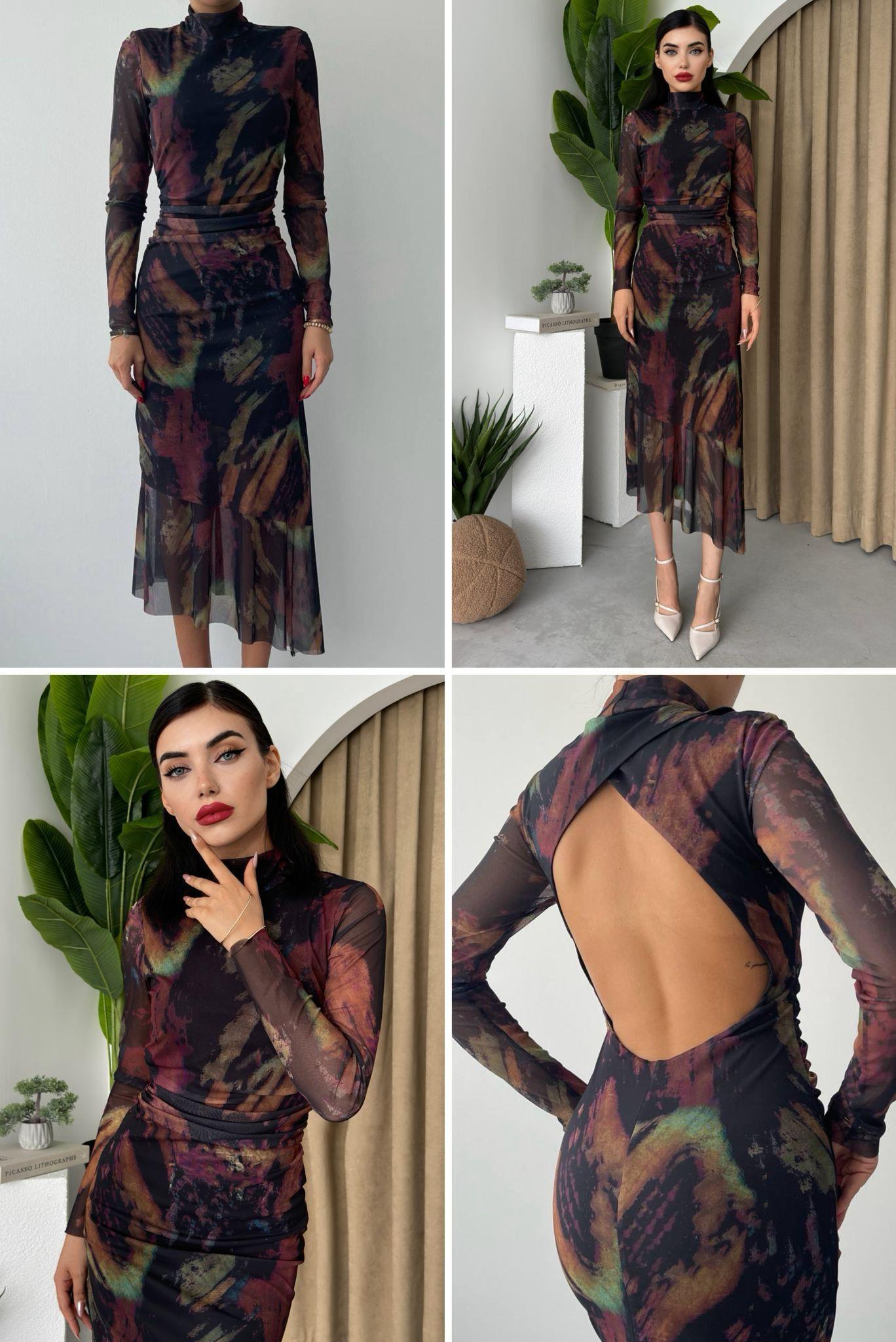 KADIN SIRT DEKOLTELİ DESENLİ ELBİSE Moda AkımıElbise