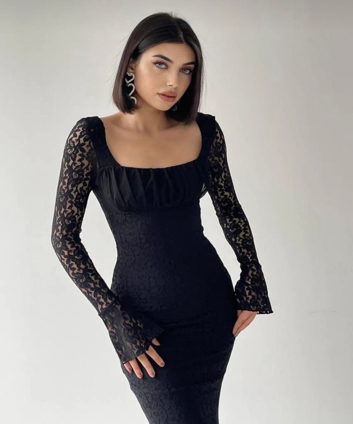 KADIN SİYAH DANTEL MİDİ BOY ELBİSE Moda AkımıElbise