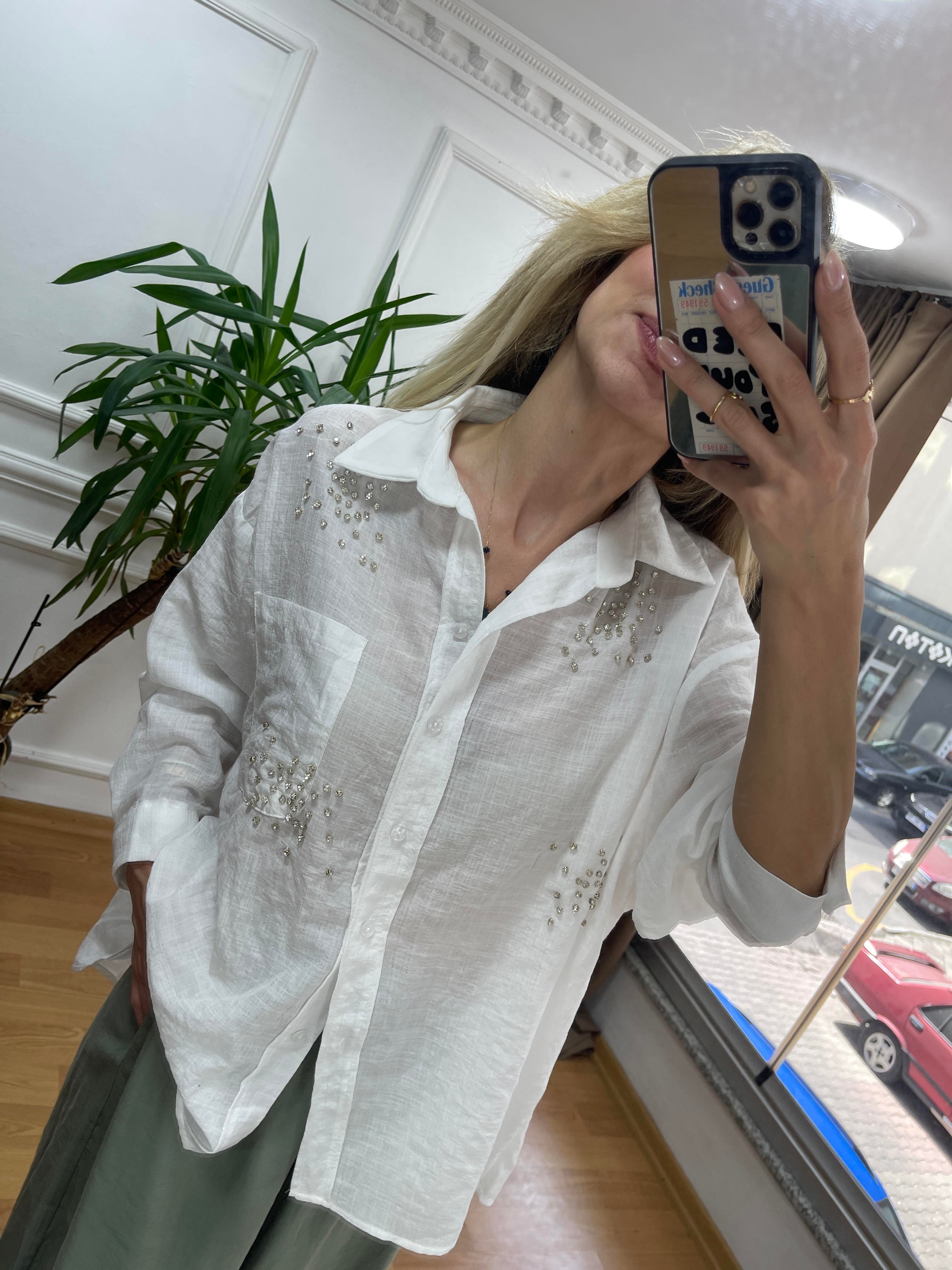 KADIN TAŞ DETAYLI KETEN GÖMLEK Moda AkımıGömlek
