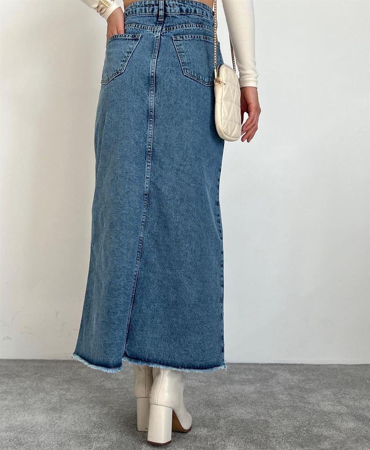 KADIN YIRTMAÇLI YÜKSEK BEL KOT ETEK Moda AkımıEtek