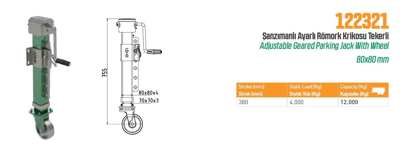 KRİKO ŞANZ. RÖMORK-AYARLI-TEKERLİ 80*80 mm ÖZEL KOL