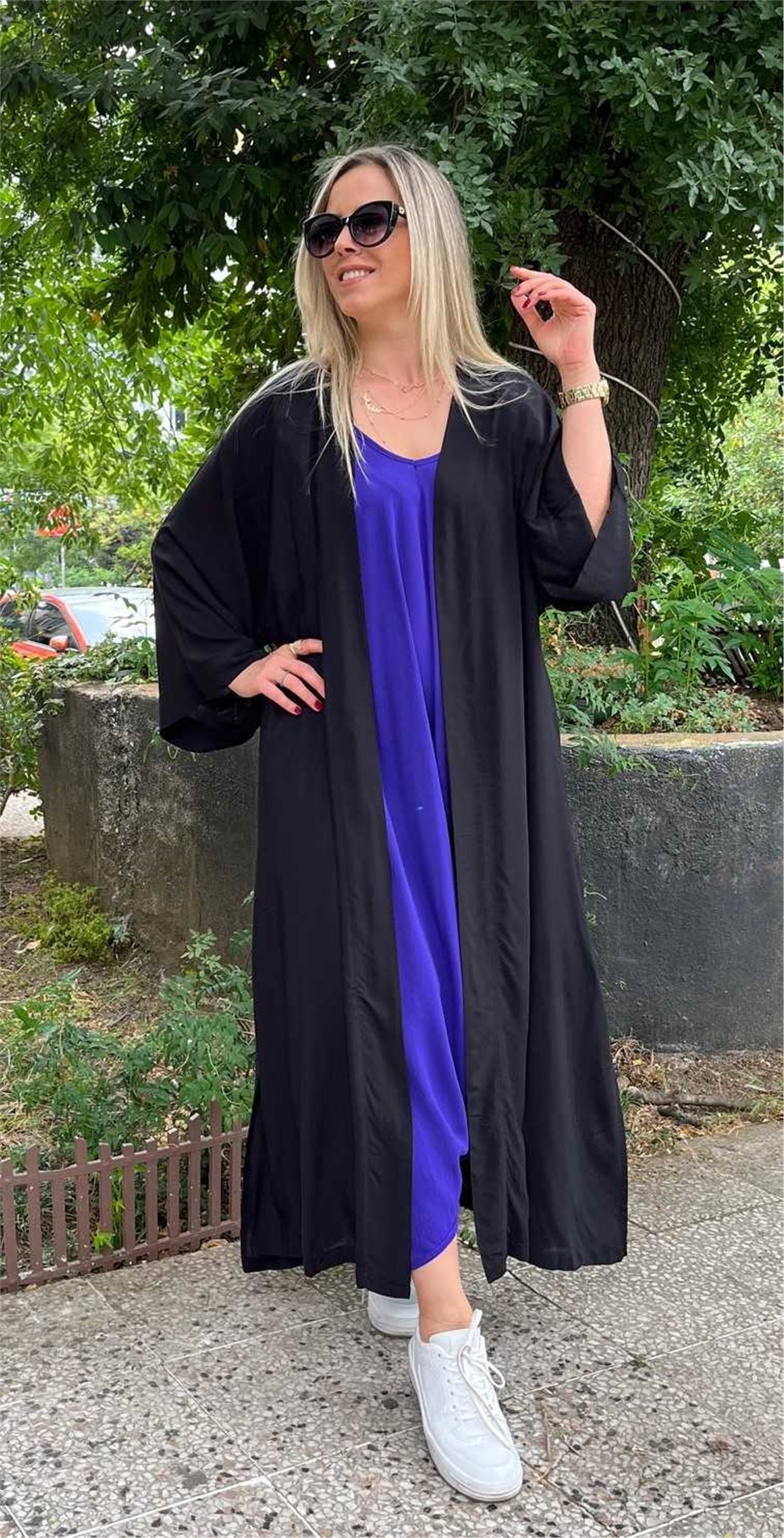 Balık İşlemeli Kuşaklı Kimono