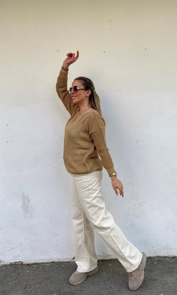 Bej Yüksek Bel Boru Paça Jean