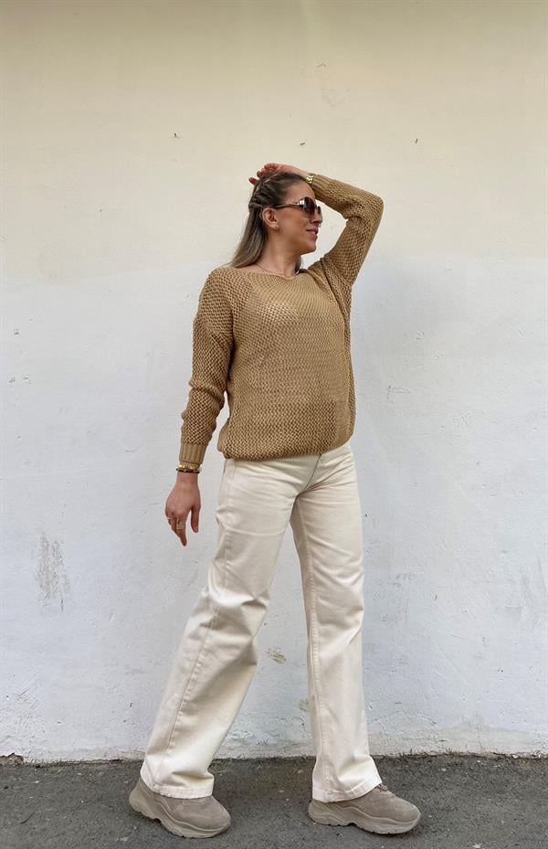 Bej Yüksek Bel Boru Paça Jean