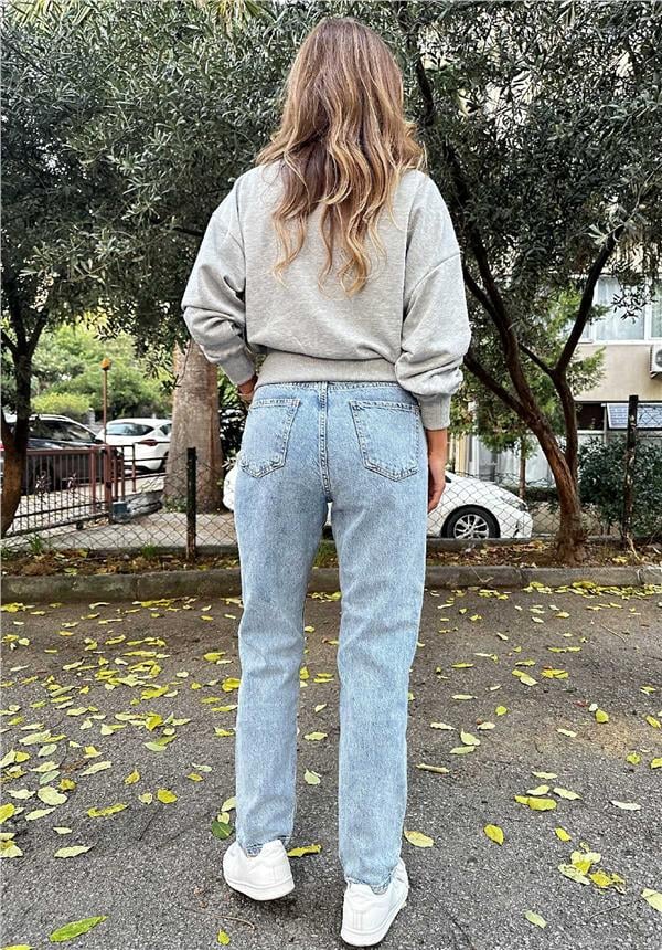 Buz Mavisi Yırtık Detaylı Havuç Pantolon