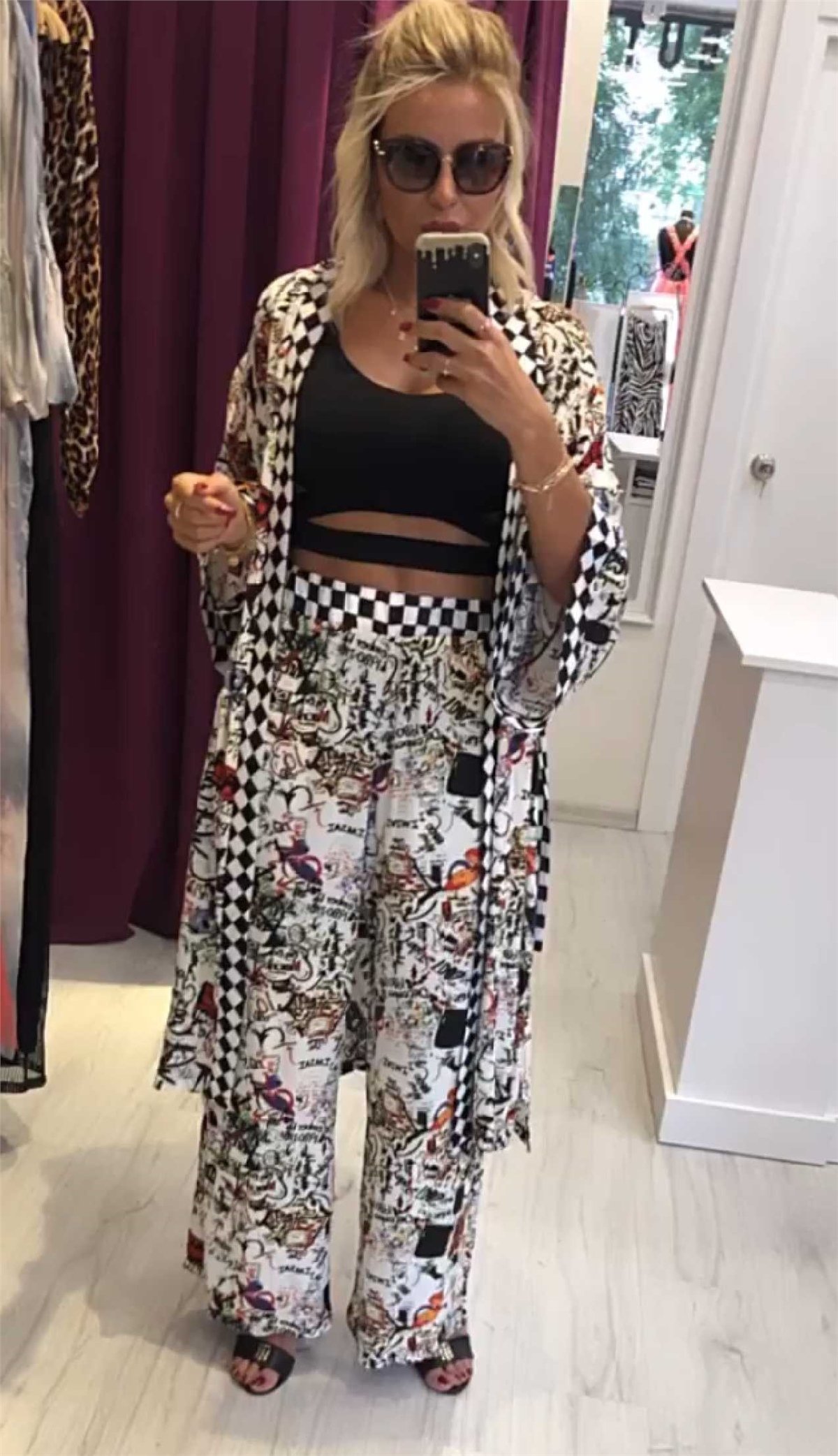 Desenli Beli Lastikli Kuşaklı Takım