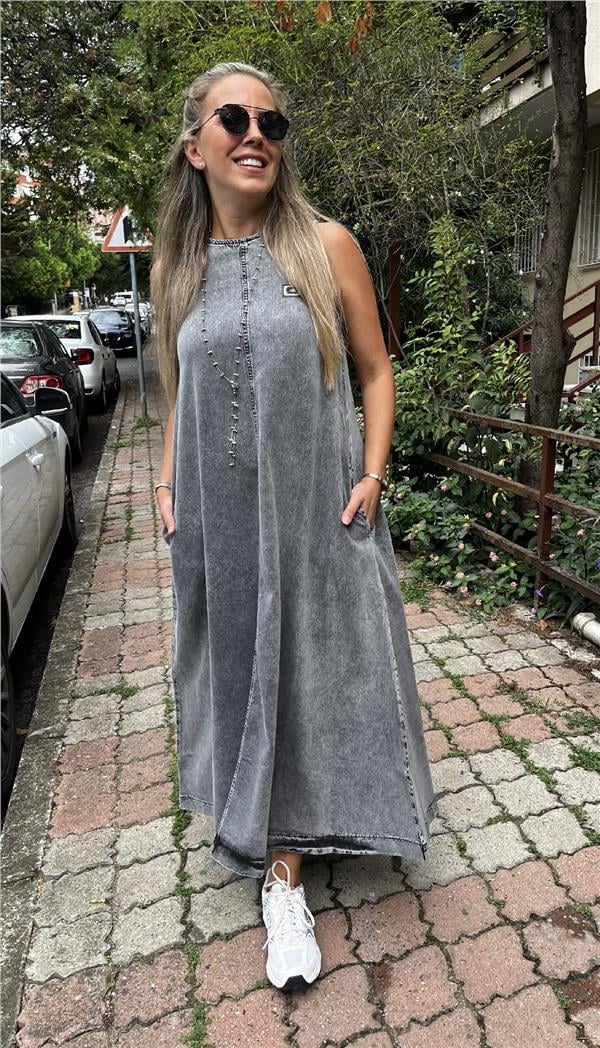 Fermuar Detaylı Denim Elbise
