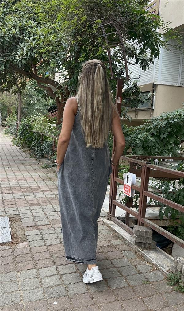 Fermuar Detaylı Denim Elbise