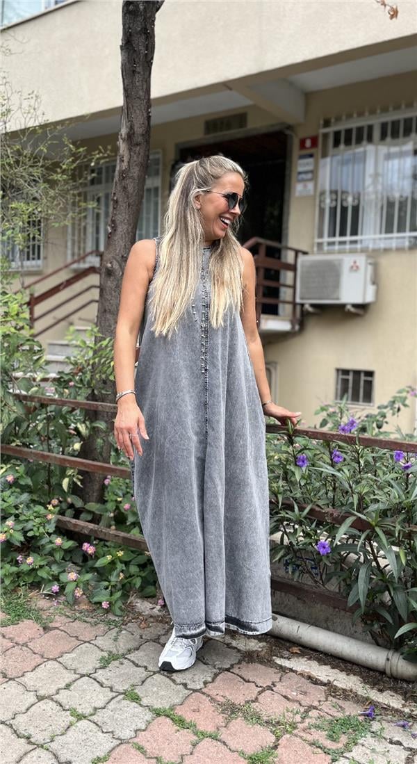 Fermuar Detaylı Denim Elbise