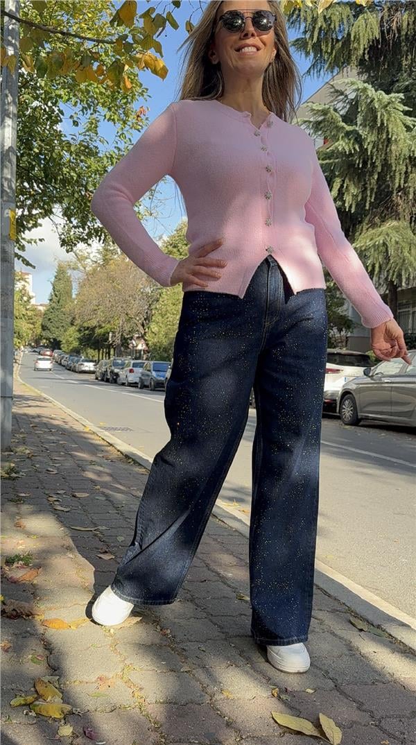 Lacivert Taş Detayl Bol Kesim Denim Pantolon