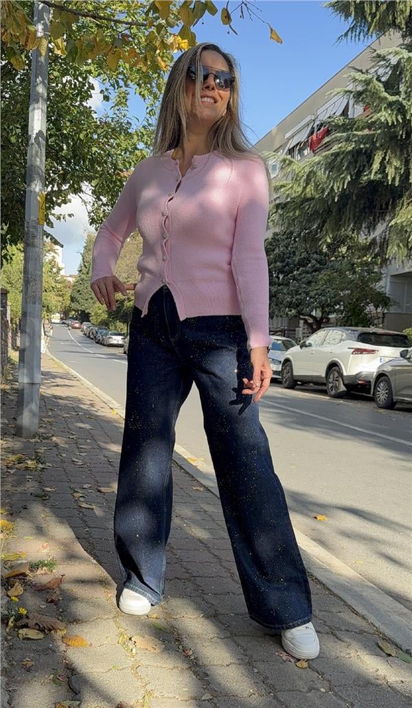 Lacivert Taş Detayl Bol Kesim Denim Pantolon