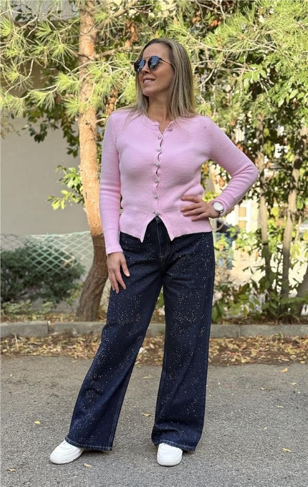 Lacivert Taş Detayl Bol Kesim Denim Pantolon