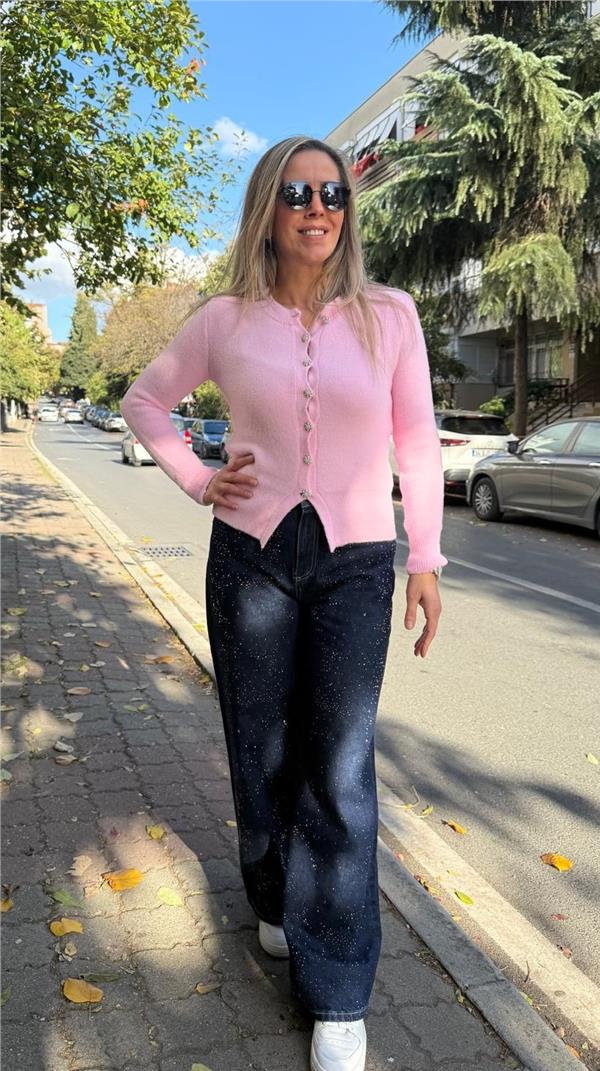 Lacivert Taş Detayl Bol Kesim Denim Pantolon