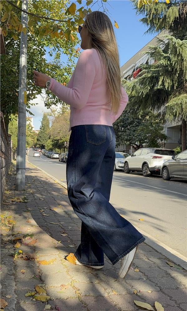 Lacivert Taş Detayl Bol Kesim Denim Pantolon