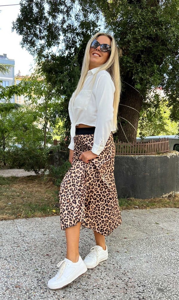 Leopar Desen Pileli Beli Lastikli Etek