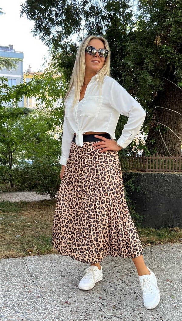 Leopar Desen Pileli Beli Lastikli Etek