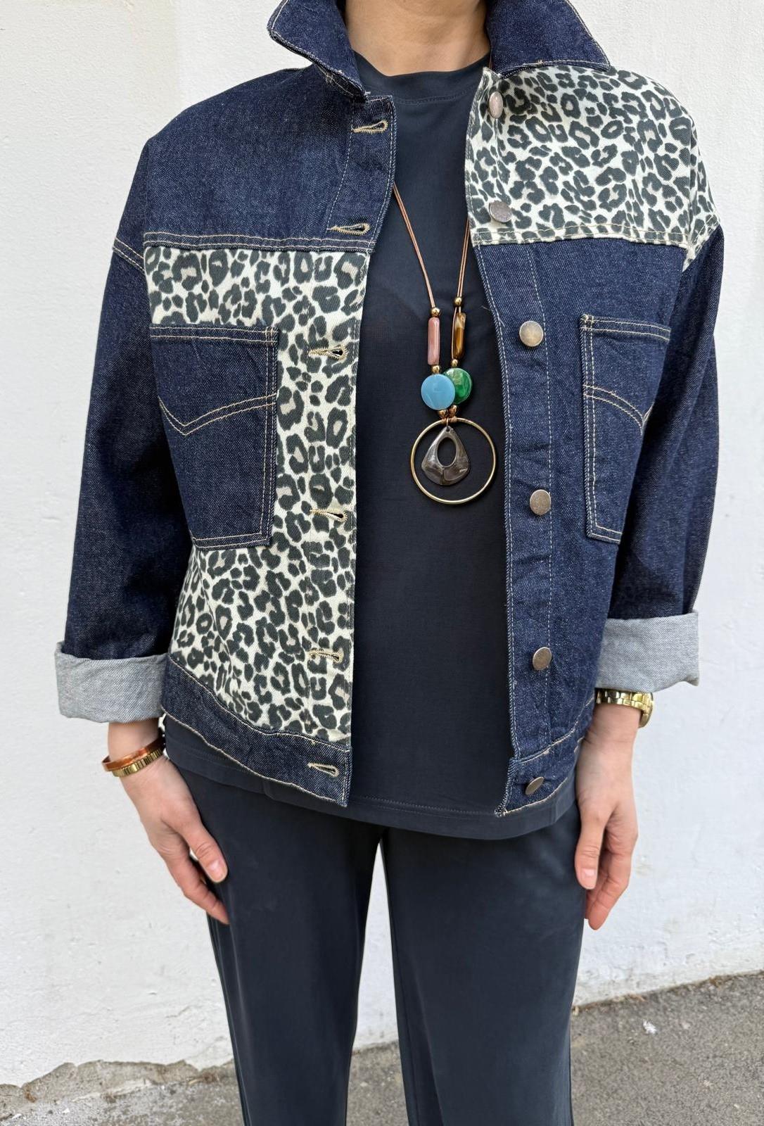 Leopar Detaylı Kot Ceket