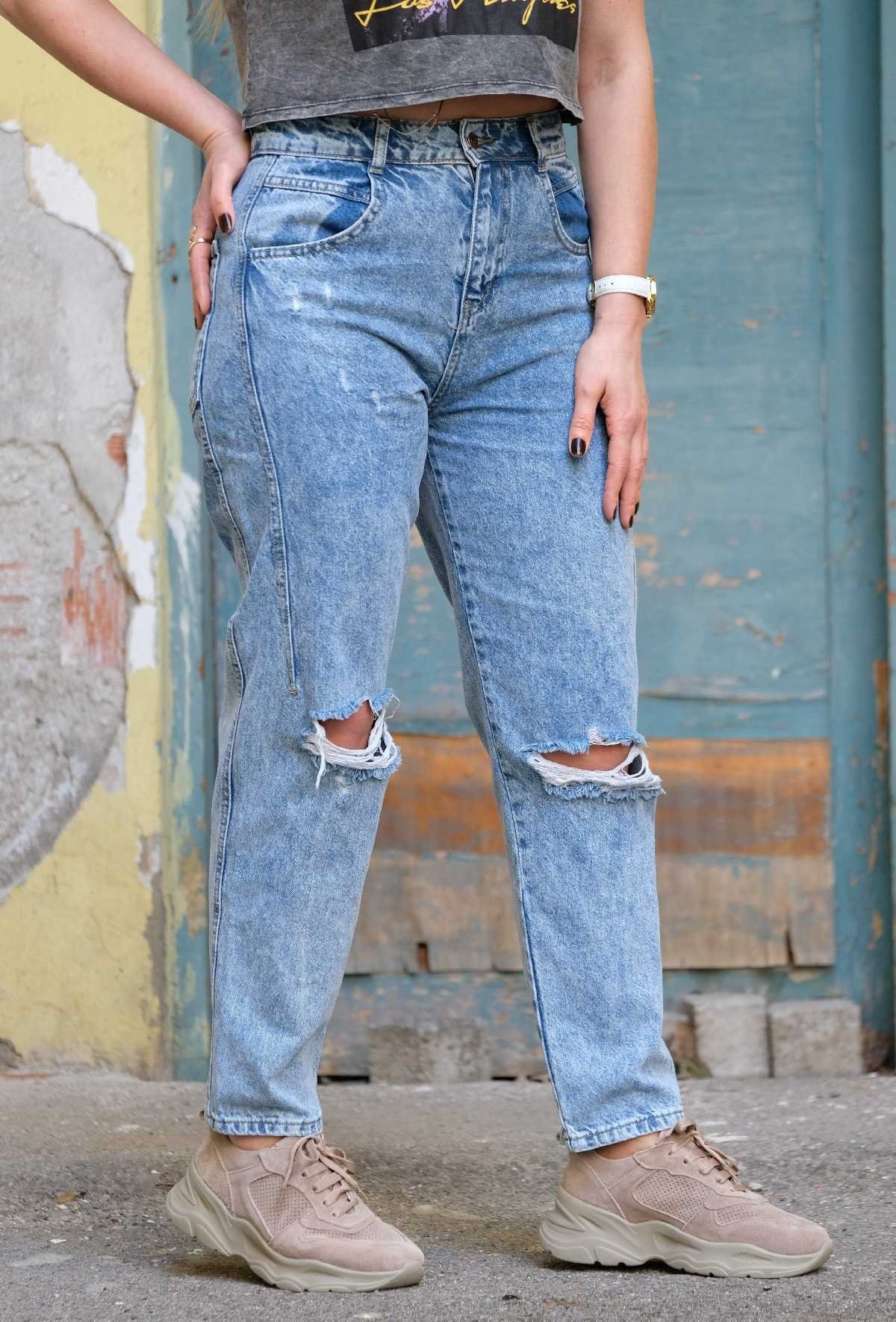 Mavi Dizi Lazerli Yıırtık Kot Pantolon