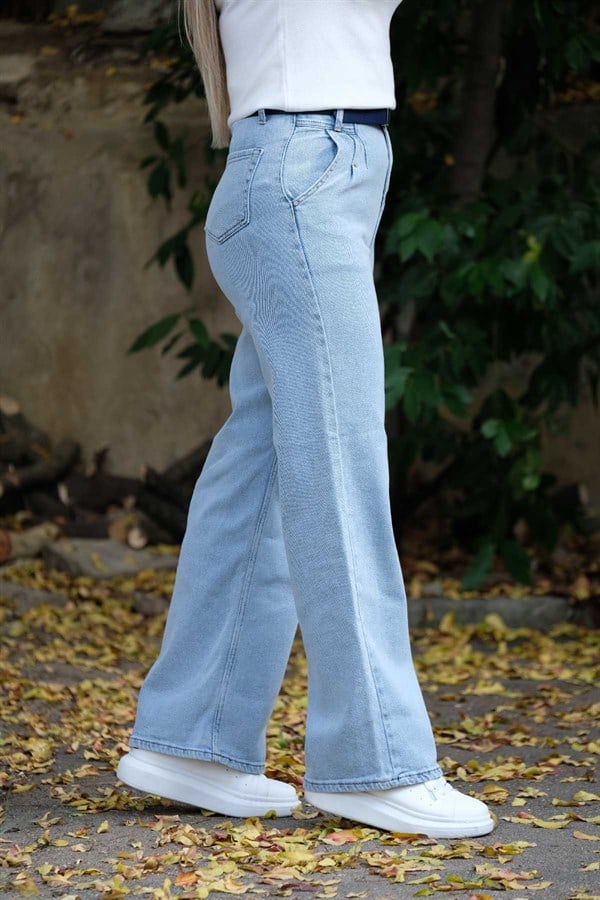 Mavi Yüksek Bel Kemerli Boru Paça Jean