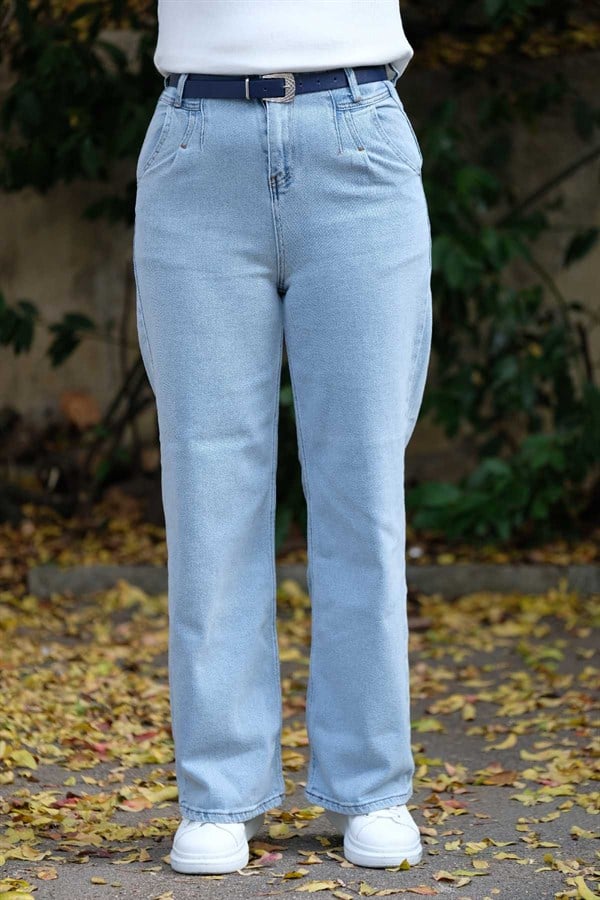 Mavi Yüksek Bel Kemerli Boru Paça Jean