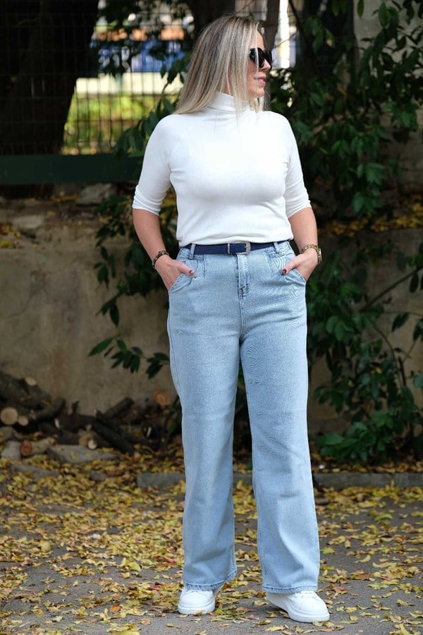 Mavi Yüksek Bel Kemerli Boru Paça Jean