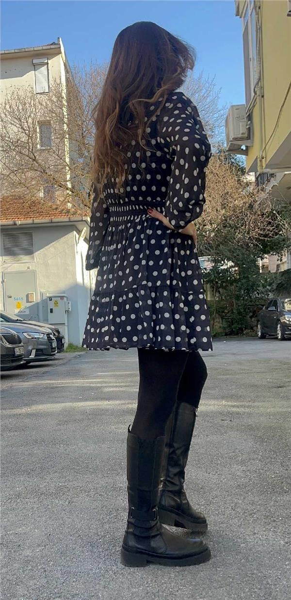 Puantiyeli Beli Lastikli Şifon Elbise