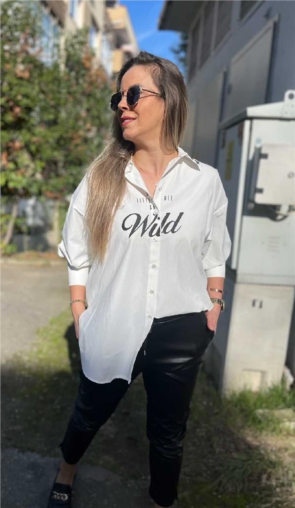 Sırtı Kaplan Baskılı Oversize Gömlek