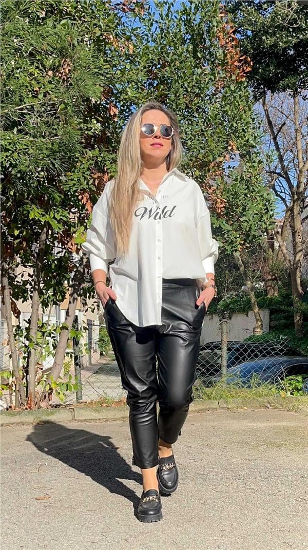 Sırtı Kaplan Baskılı Oversize Gömlek