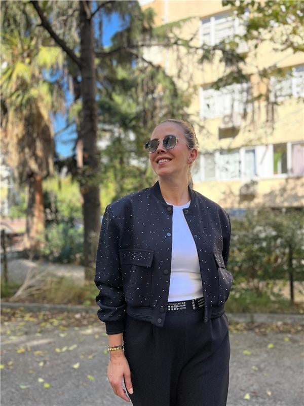 Siyah Taşlı Bomber Ceket