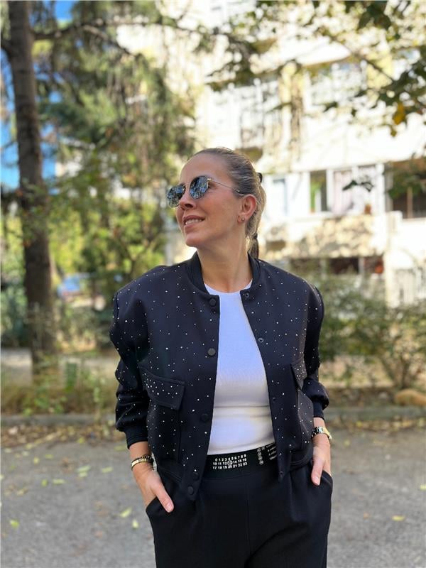Siyah Taşlı Bomber Ceket