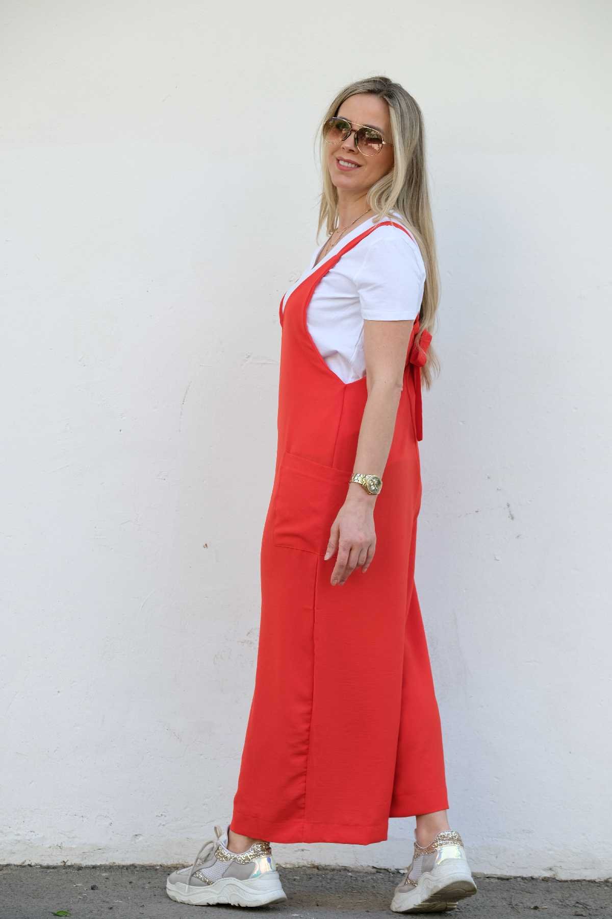 V Yaka Bağlama Detaylı Krep Kumaş Tulum