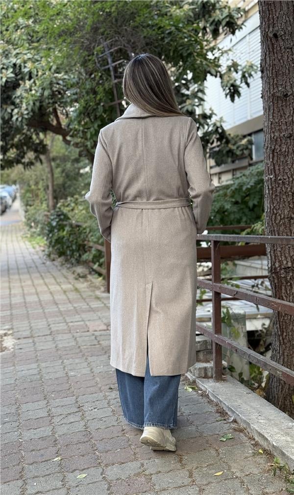 Vizon Kuşaklı Astarlı Kaşe Kaban