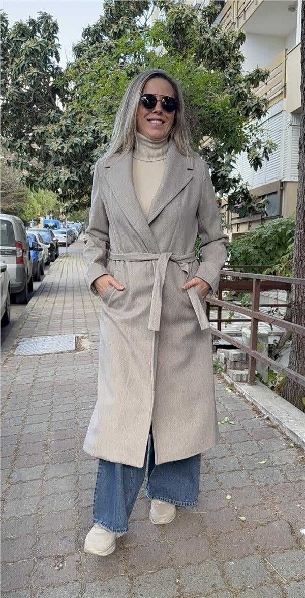Vizon Kuşaklı Astarlı Kaşe Kaban