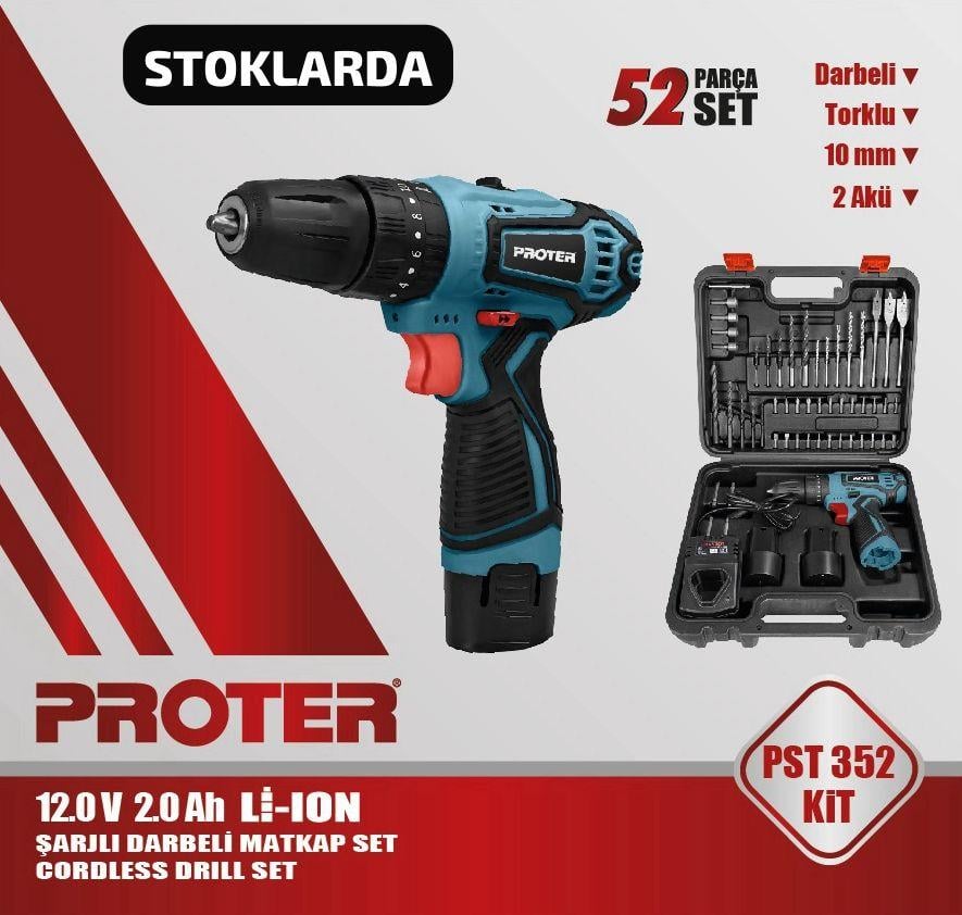 Akülü MatkaplarPROTER PST 352 KİT 52 PARÇA ŞARJLI DARBELİ MATKAP SETİ