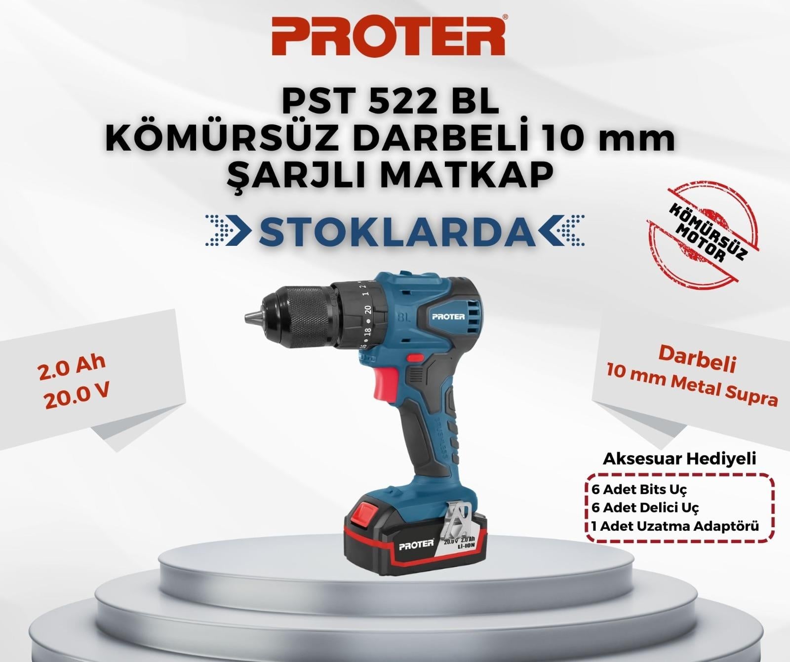 Akülü MatkaplarPROTER PST 522 BL DARBELİ 10 MM ŞARJLI MATKAP KÖMÜRSÜZ
