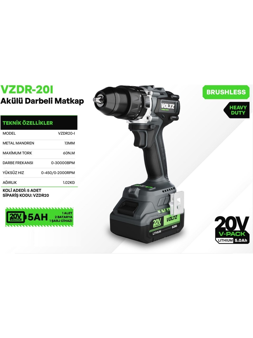 Akülü MatkaplarVOLTZ VZDR-20-I 20 V ÇİFT AKÜLÜ 5 AH DARBELİ MATKAP