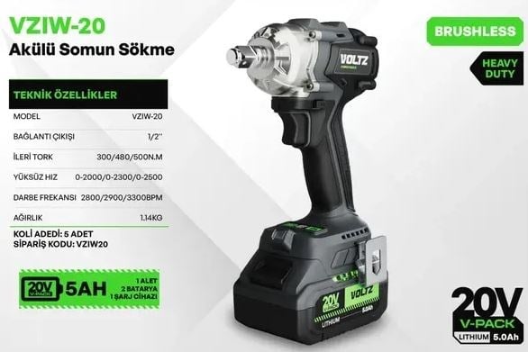 Akülü Somun SökmelerVOLTZ VZIW-20 ÇİFT AKÜLÜ 5 AH SOMUN SIKMA MAKİNESİ