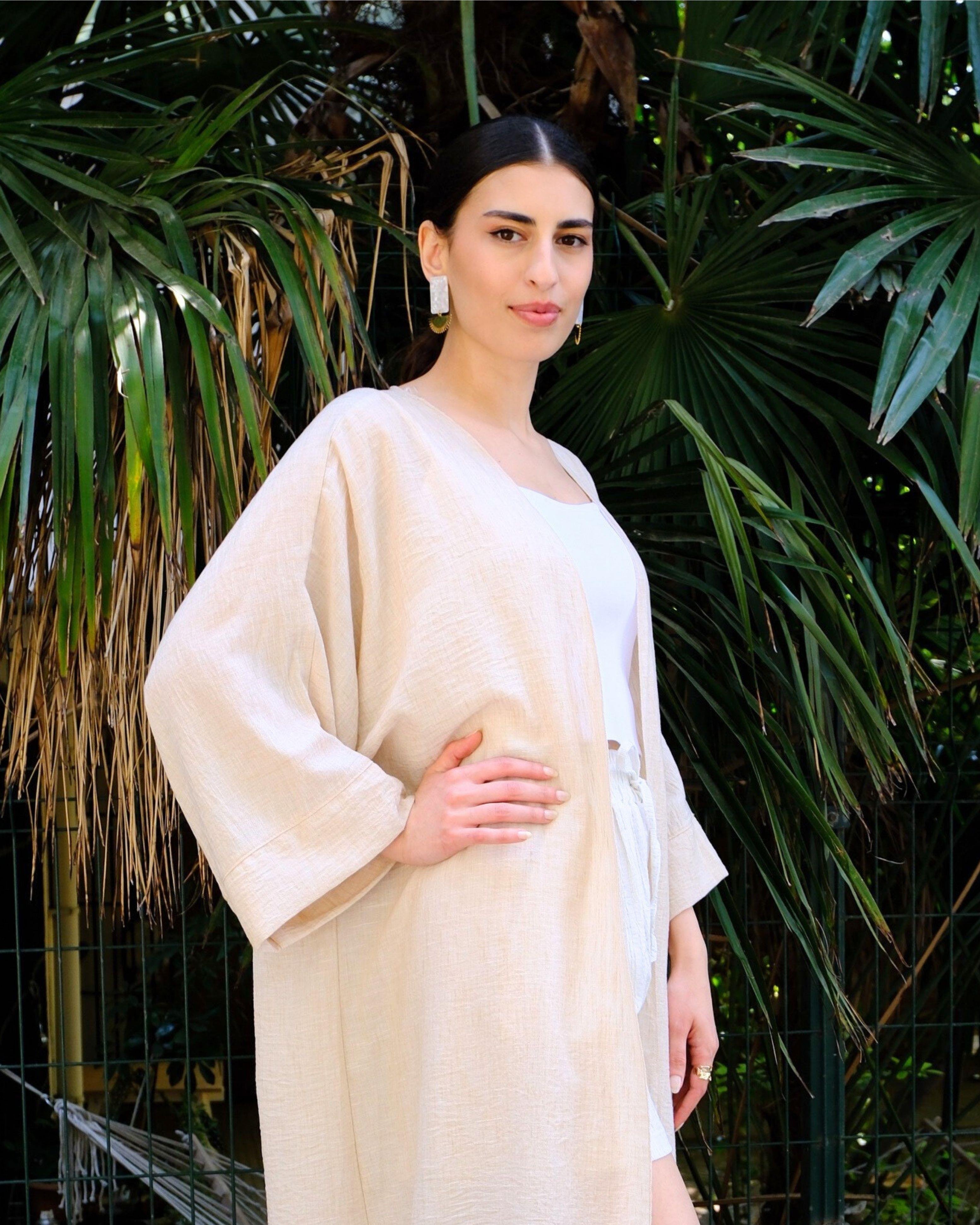 Bej Renk Keten Görünümlü Yazlık Kimono