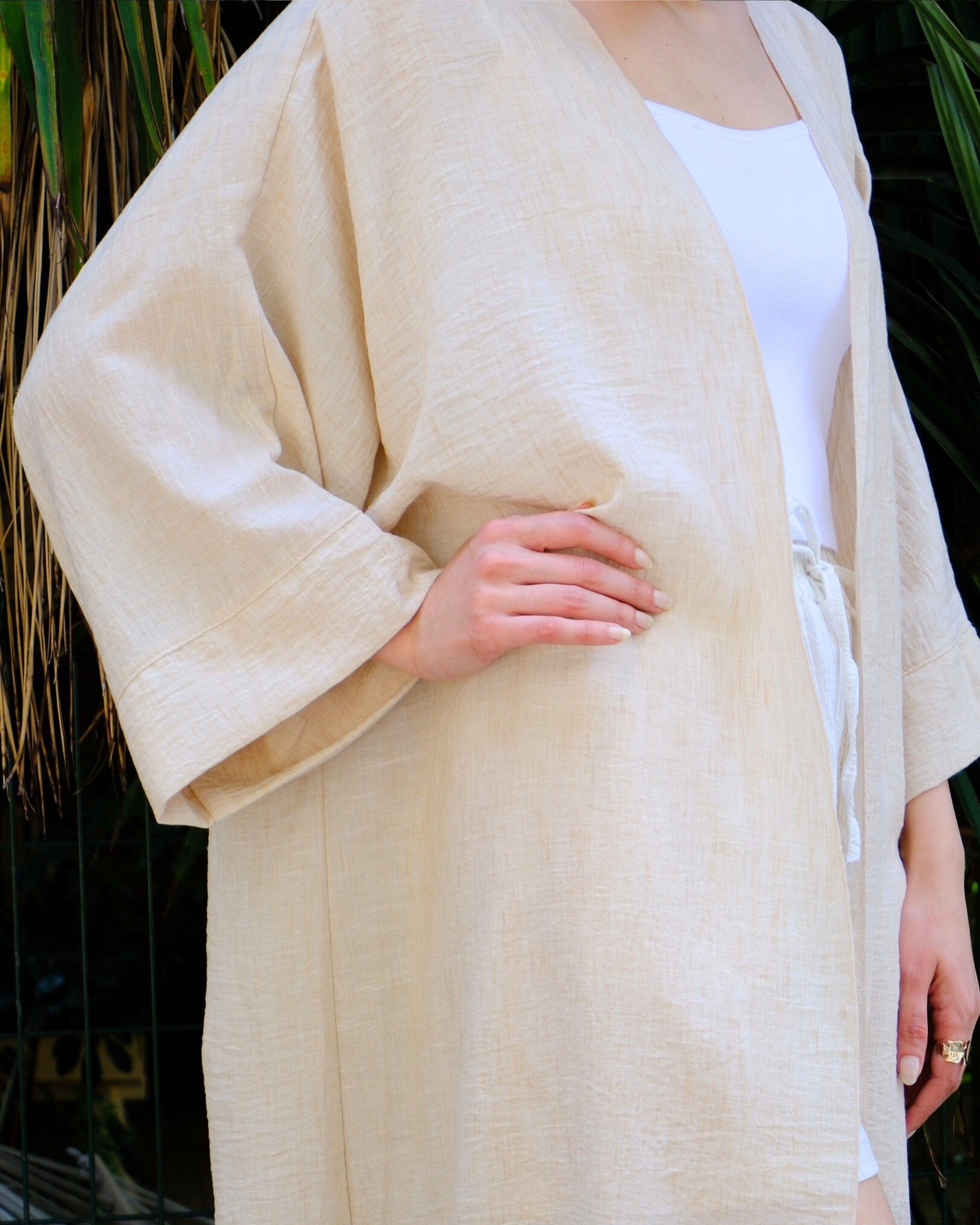 Bej Renk Keten Görünümlü Yazlık Kimono