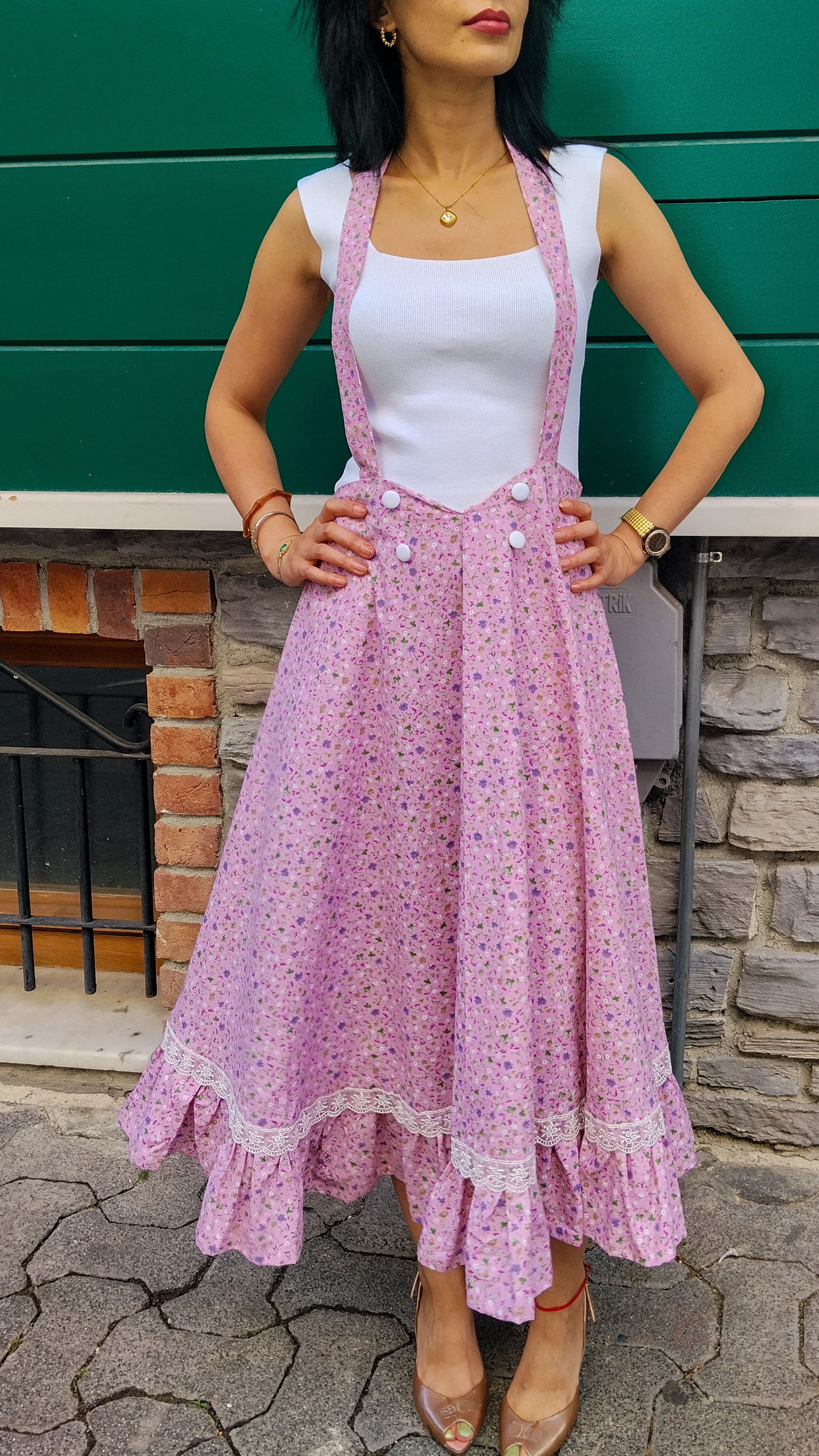 Çıtır Desenli Pembe Askılı Etek