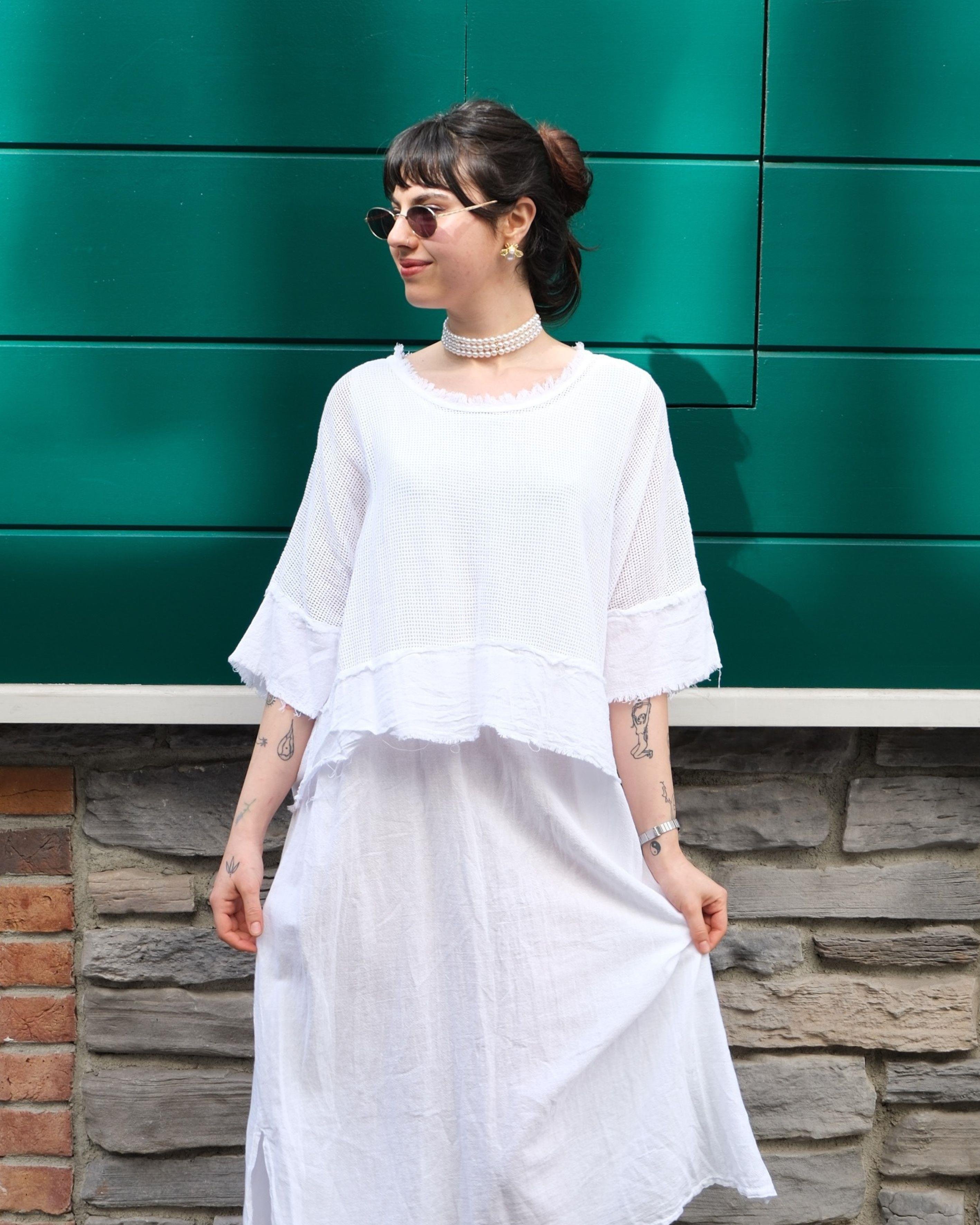 Dokulu Beyaz Oversize Elbise
