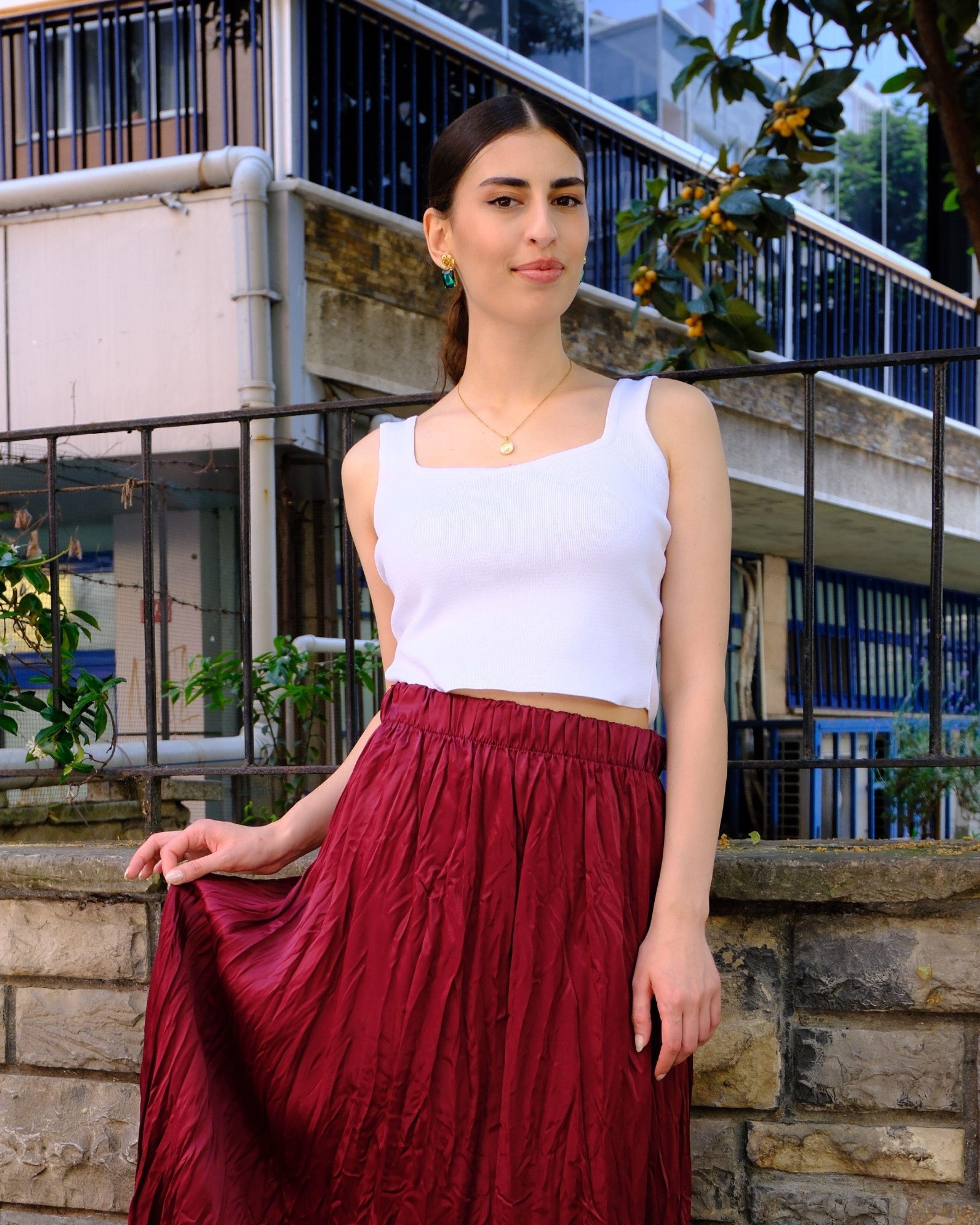 Dokulu Bordo Uzun Etek