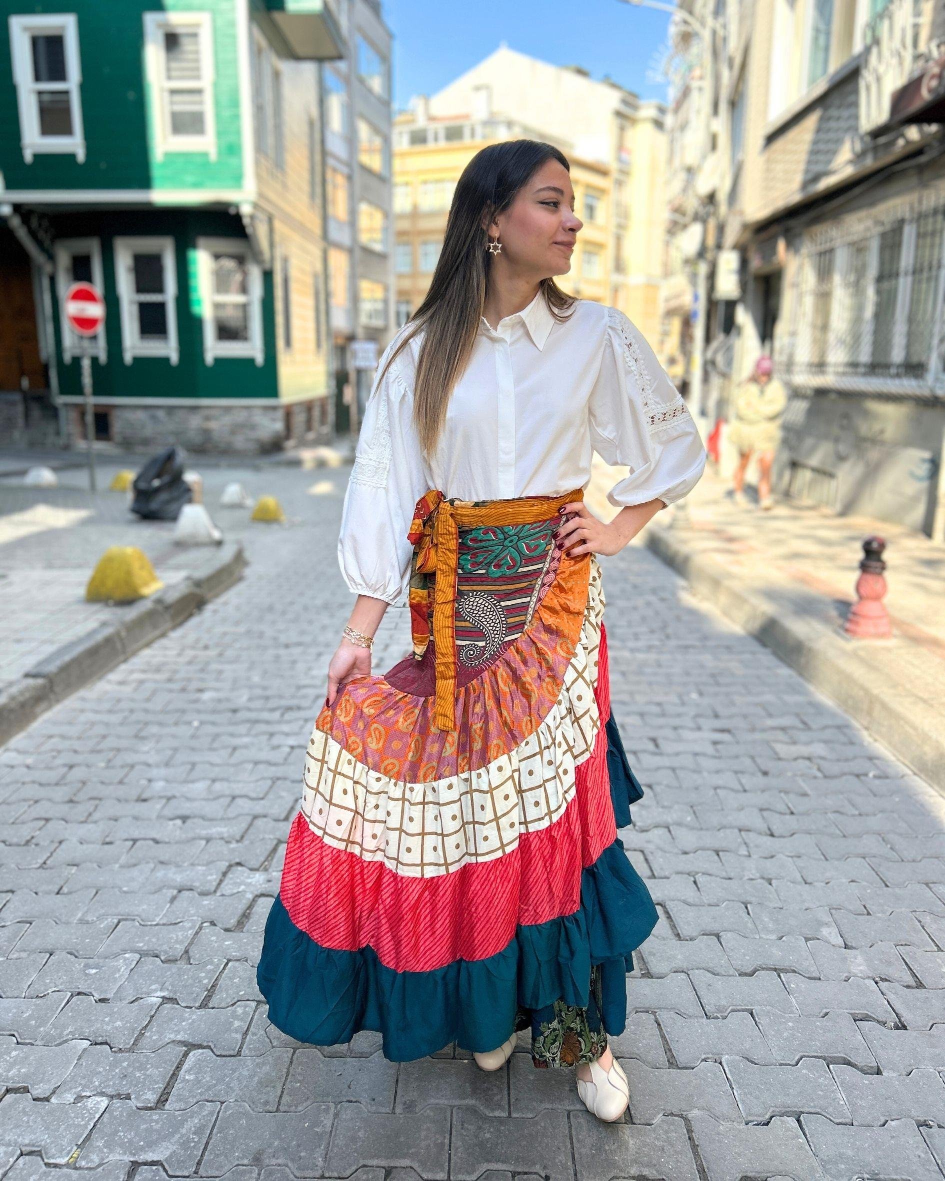 Kuşaklı Patchwork Etek