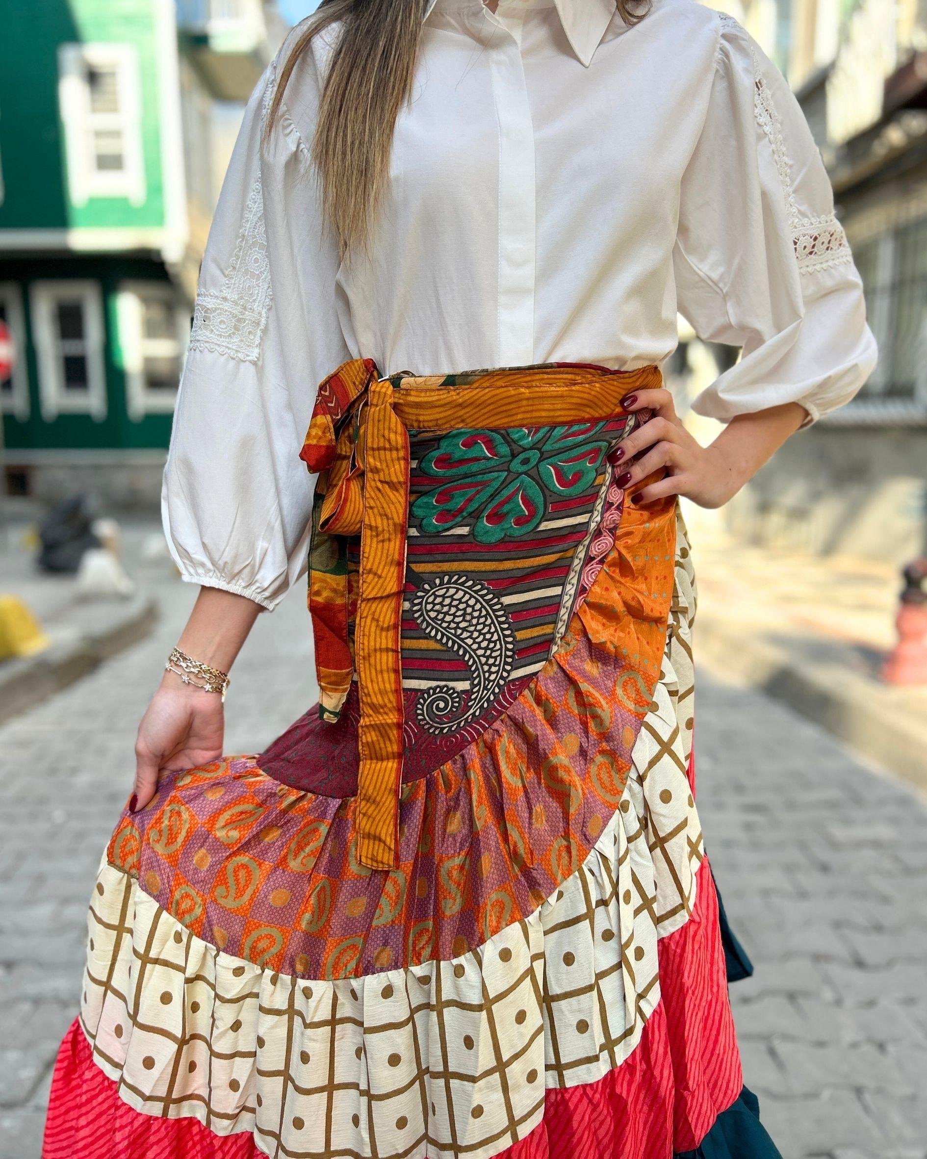Kuşaklı Patchwork Etek