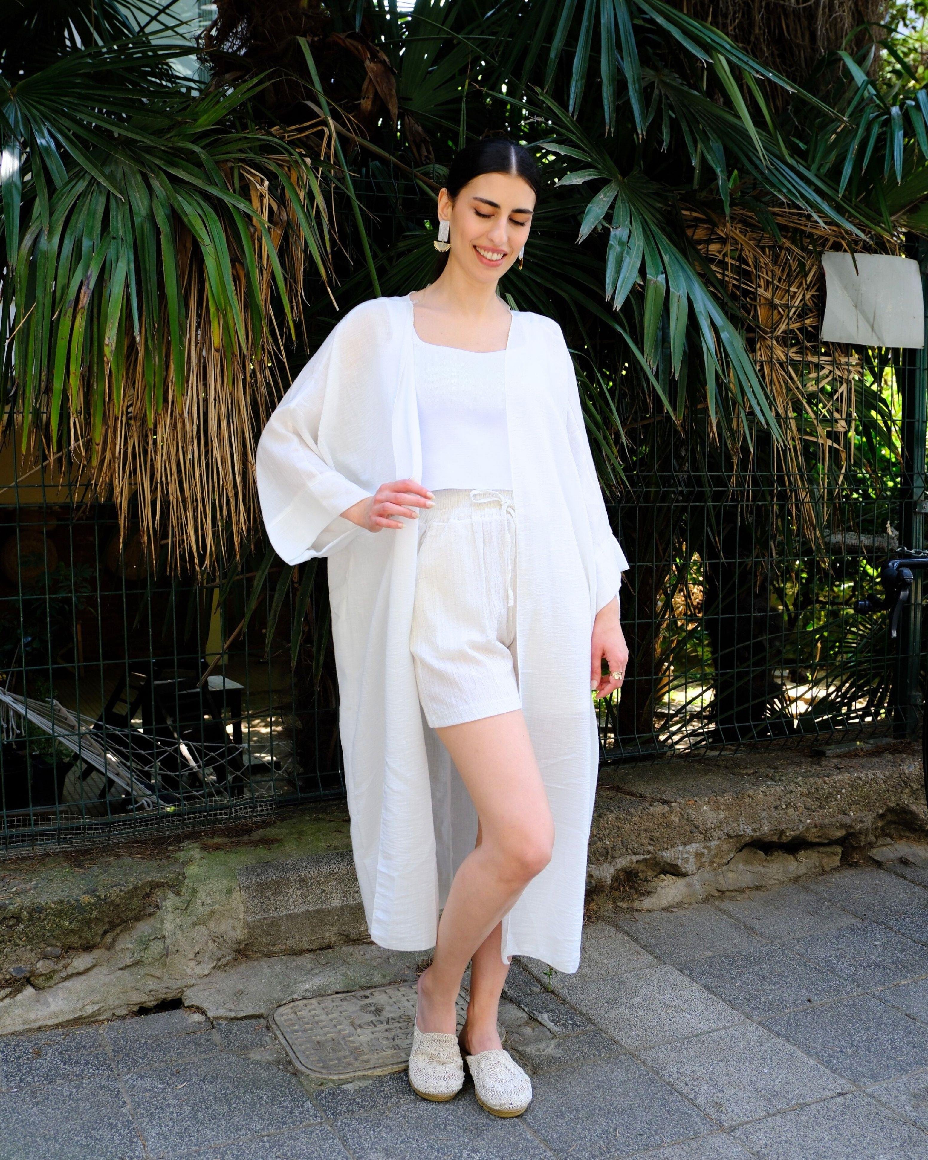 Pamuklu Bej Uzun Kimono