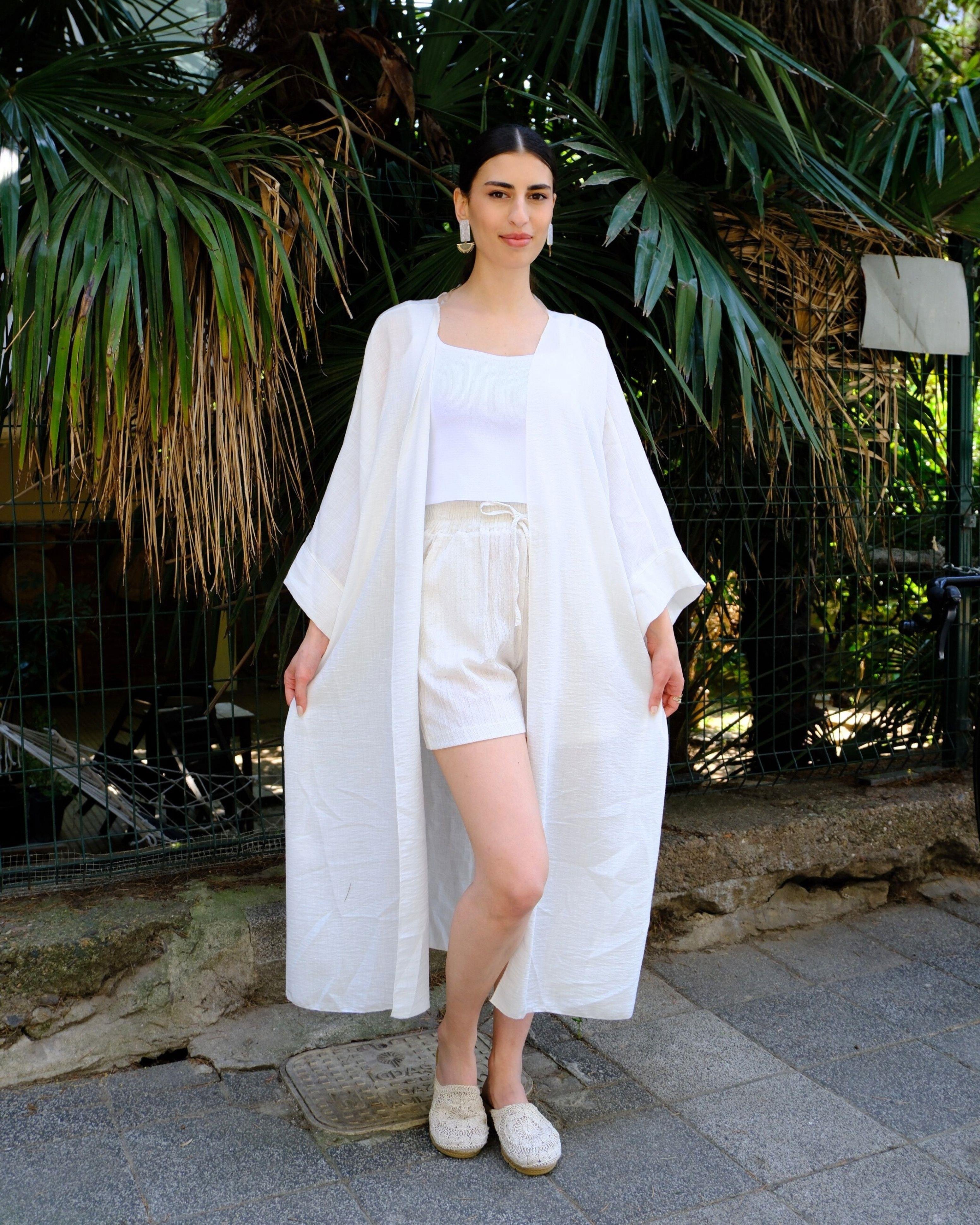 Pamuklu Bej Uzun Kimono